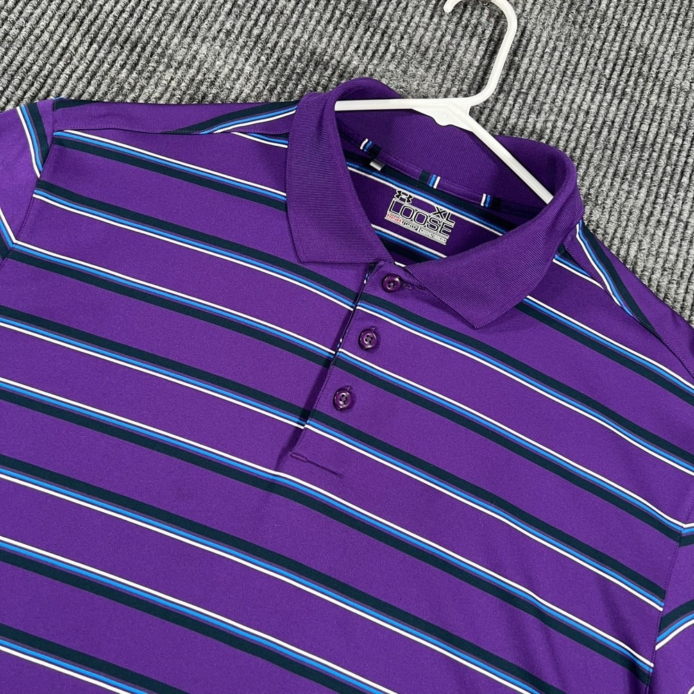 Under Armour Polo Shirt Mens XL Extra Large Purple Striped Short Sleeve Heat Gea